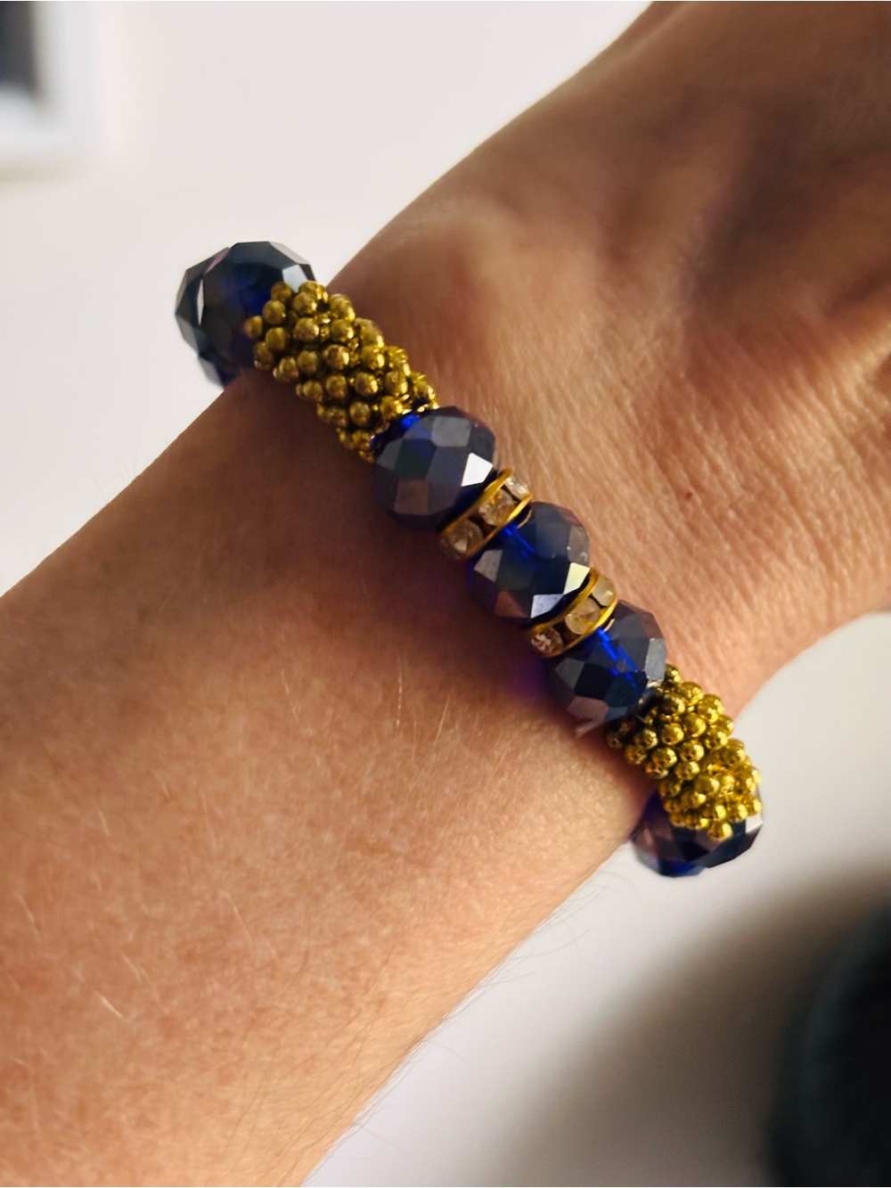 Gold and Navy Faceted Bead Stretch Bracelet - Women Jewelry